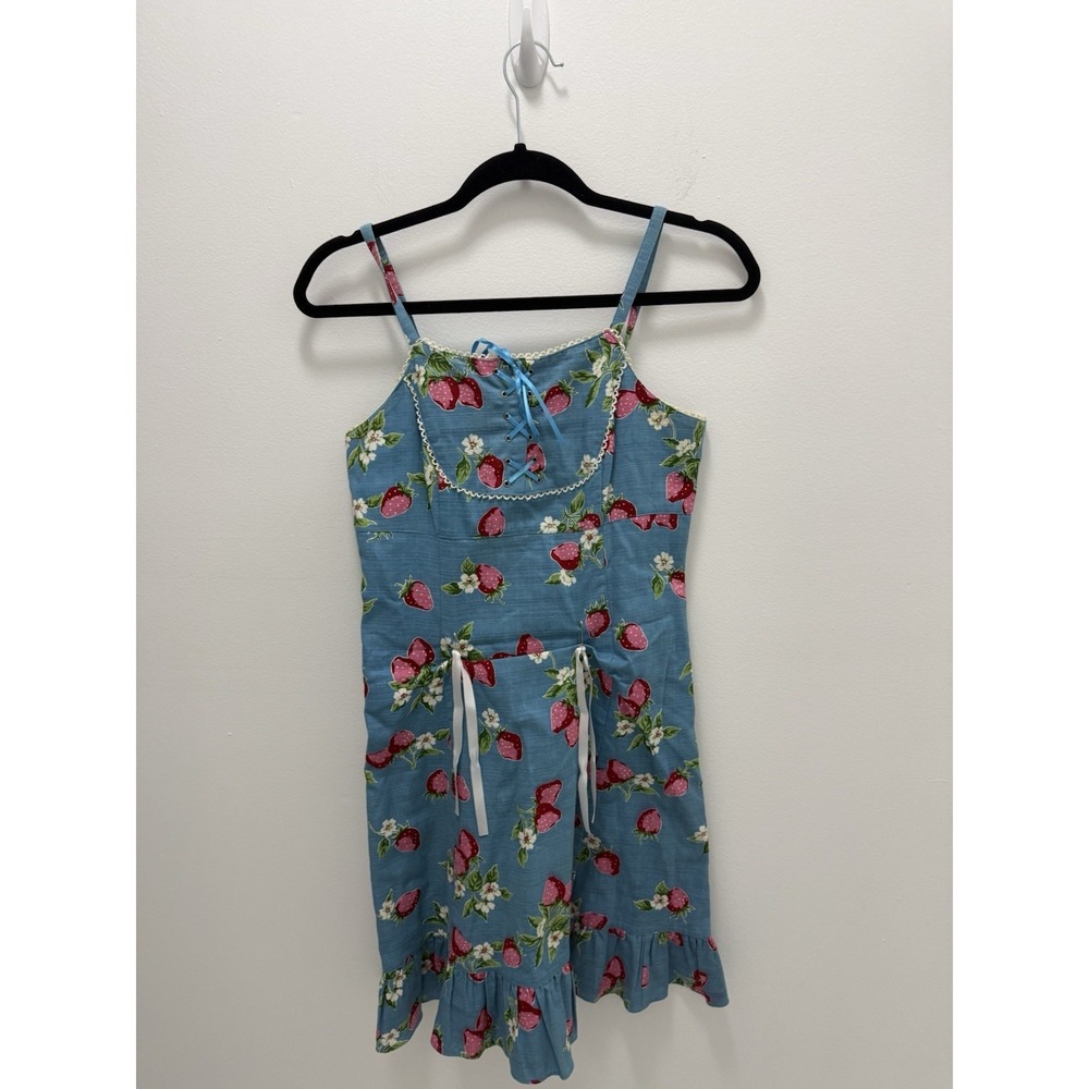 Emily Temple Cute Strawberry Dress Blue Cotton Lace Up Japan Lolita Y2K S